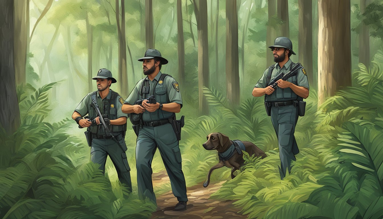 A group of game wardens patrol a lush forest, working together to protect wildlife and enforce conservation laws