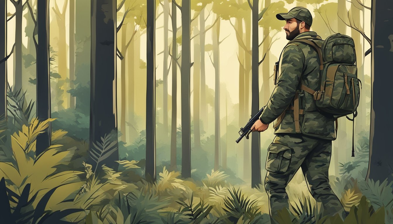 A hunter in camouflage clothing walks through a forest with a rifle and a backpack, surrounded by trees and wildlife