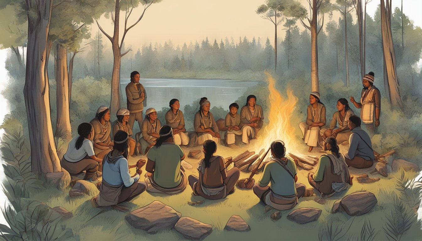 A group of indigenous people gather around a fire, sharing stories and knowledge about traditional hunting practices and conservation. The scene is set in a natural environment, with a focus on the interaction and exchange of knowledge among the individuals