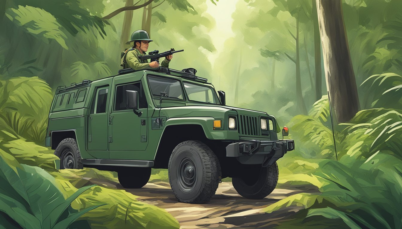 A game warden patrolling a lush forest, observing wildlife and monitoring conservation efforts