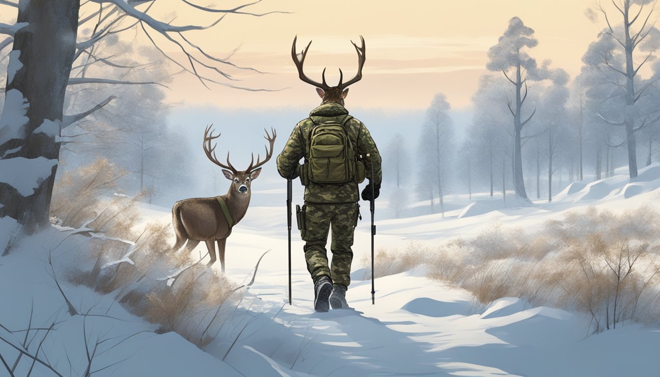 A hunter in camouflage gear tracking a deer through a snowy forest, with a clear sky and distant wind turbines