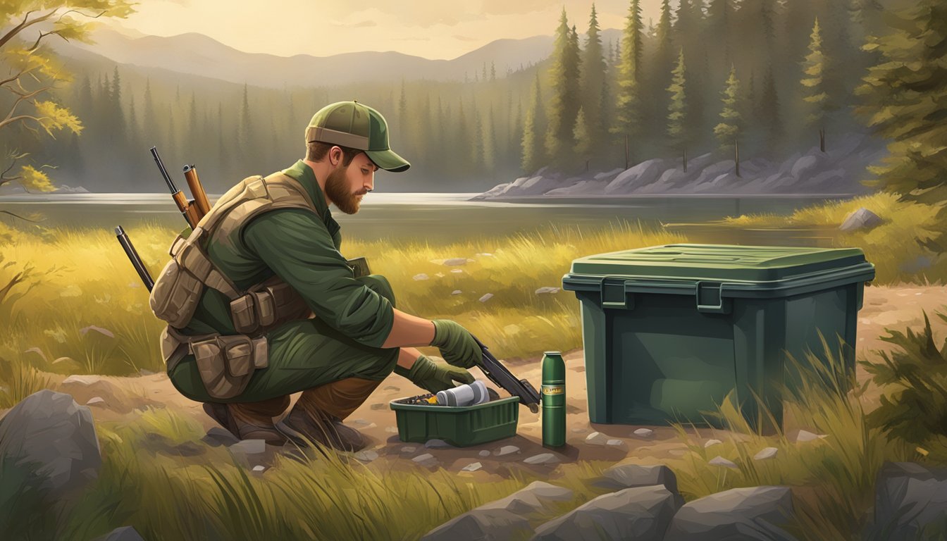 A hunter carefully placing biodegradable ammunition into a recyclable cartridge, surrounded by a pristine natural environment