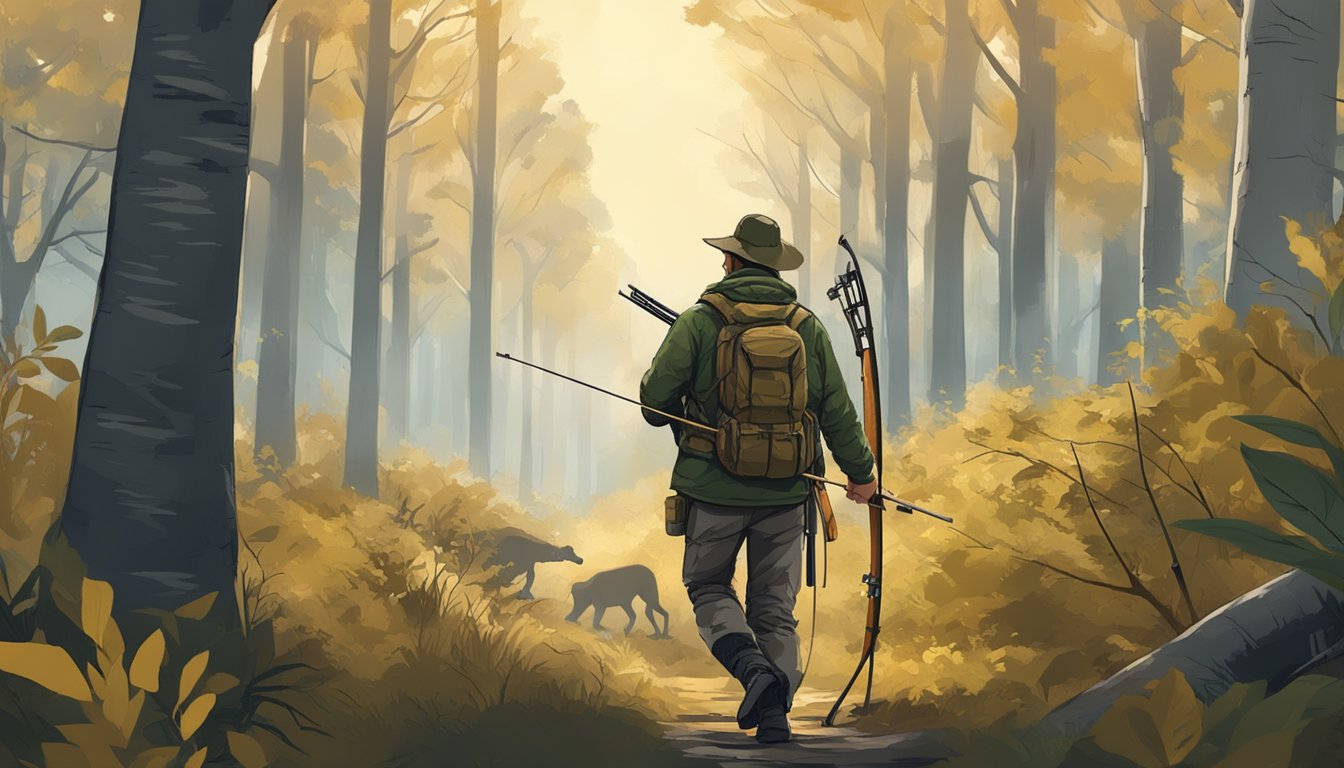 A hunter carefully tracks through a forest, using a bow to silently take down game, minimizing the carbon footprint of their hunt