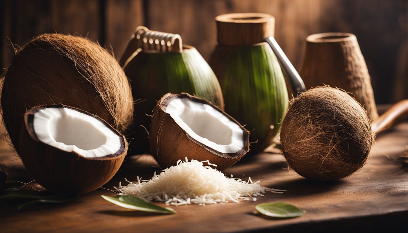 Morning light highlights coconut prep stages on rustic table with vintage grater and thermometer nearby. Coconut shells create natural vessels in the background