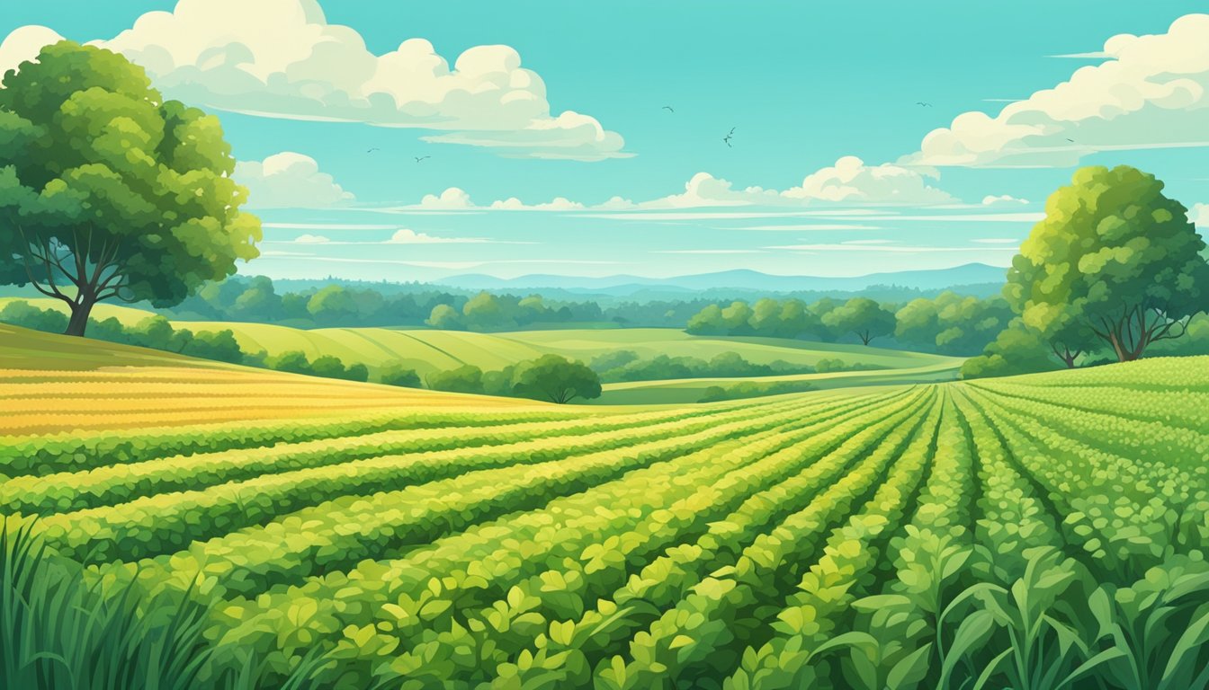 A lush field with rows of crops stretching into the distance, surrounded by trees and a clear blue sky. Wildlife roams freely, undisturbed by hunting