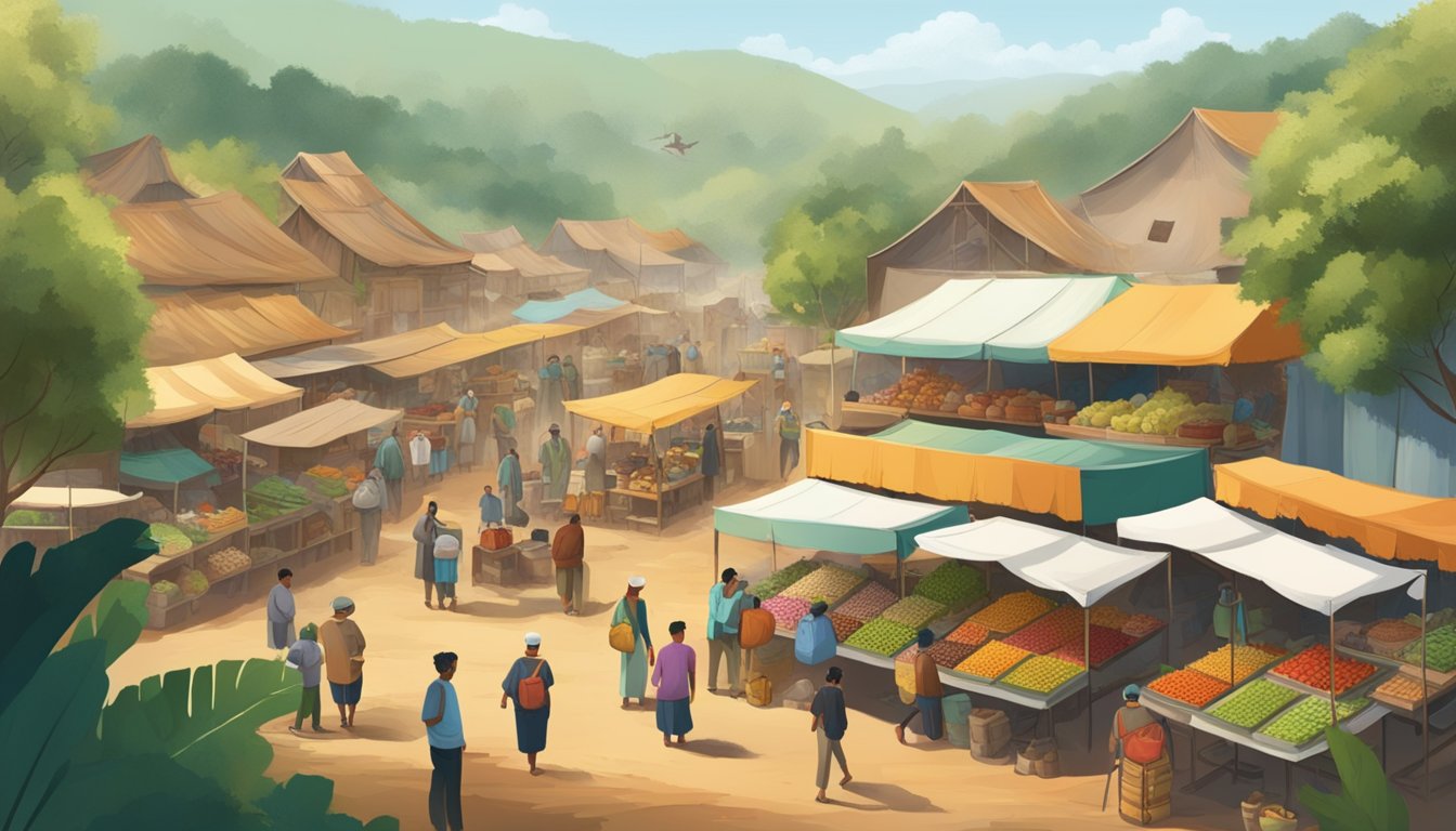 A bustling market with vendors selling local goods surrounded by a diverse landscape of forests and plains, with wildlife peacefully coexisting with the community