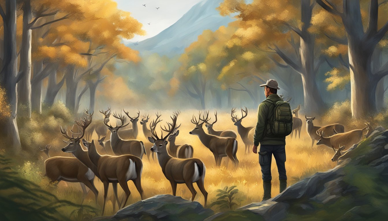 A hunter respectfully observes a herd of deer from a distance, surrounded by a diverse and thriving ecosystem