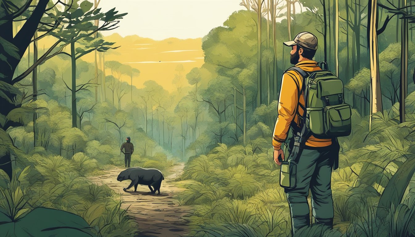 A dense forest with diverse wildlife, a hunter with proper gear and a poacher with illegal traps. The contrast highlights ethical considerations