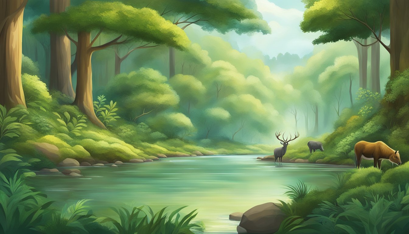 A serene forest with diverse wildlife, a flowing river, and a harmonious balance between nature and human influence