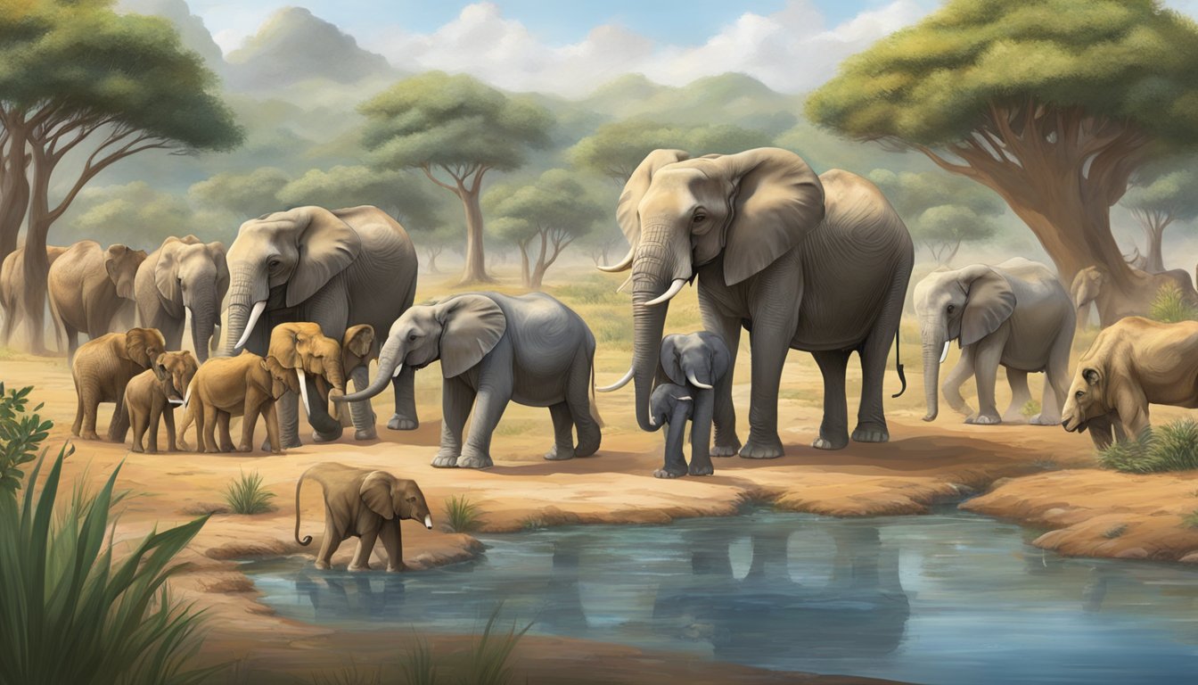 A group of diverse animals gather around a watering hole, representing international cooperation in game conservation. The animals include elephants, lions, giraffes, and rhinos