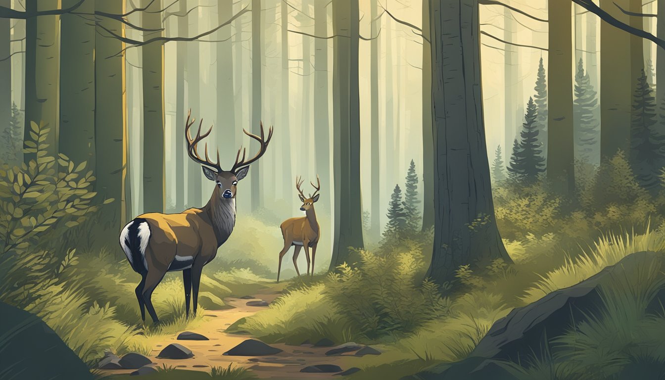 A serene forest scene with a majestic deer peacefully grazing while a poacher lurks nearby, highlighting the ethical dilemma between hunting and poaching