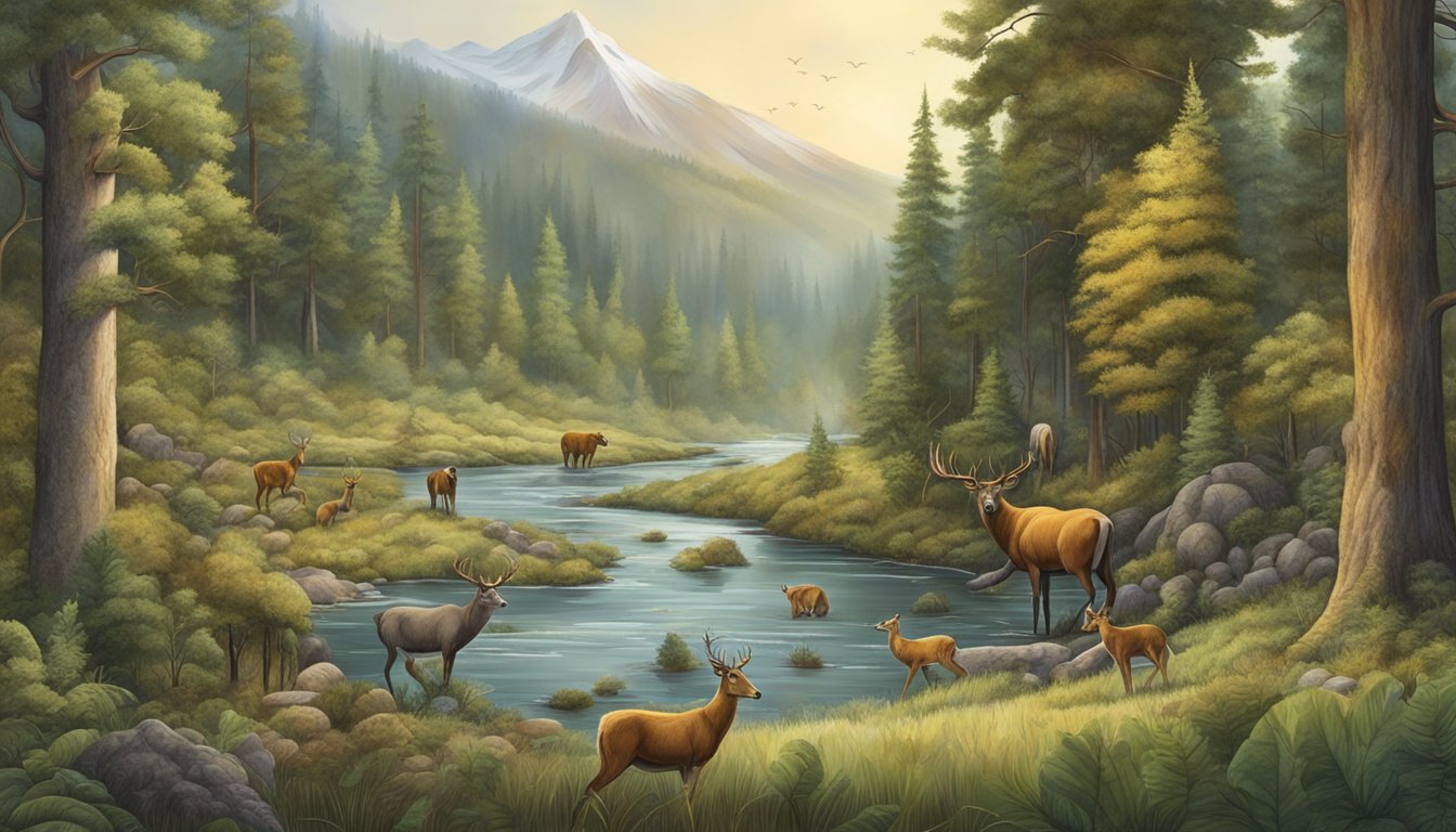 A diverse forest with animals, rivers, and mountains, showcasing the delicate balance of nature and the impact of modern hunting on the land ethic