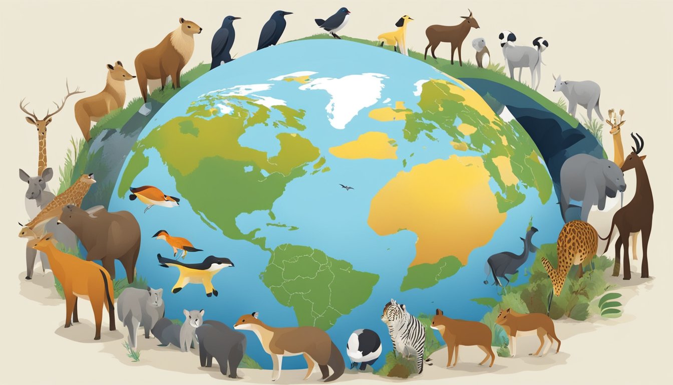 A group of diverse animals from around the world gather around a globe, symbolizing international cooperation in game conservation