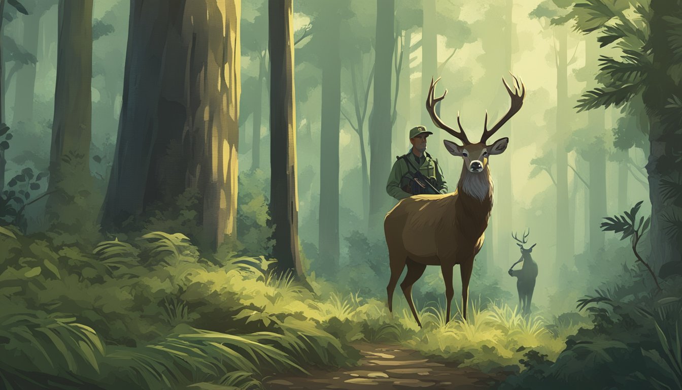 A majestic deer stands in a lush forest, while a poacher lurks in the shadows with a rifle. Public disapproval is evident in the form of protest signs and a sense of unease among the wildlife