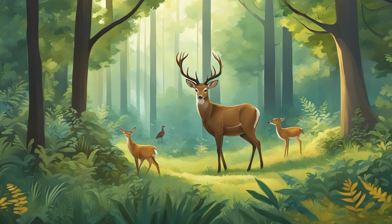 A serene forest clearing with diverse wildlife, including deer, birds, and small mammals, coexisting harmoniously. The landscape is lush and vibrant, with a sense of balance and interconnectedness