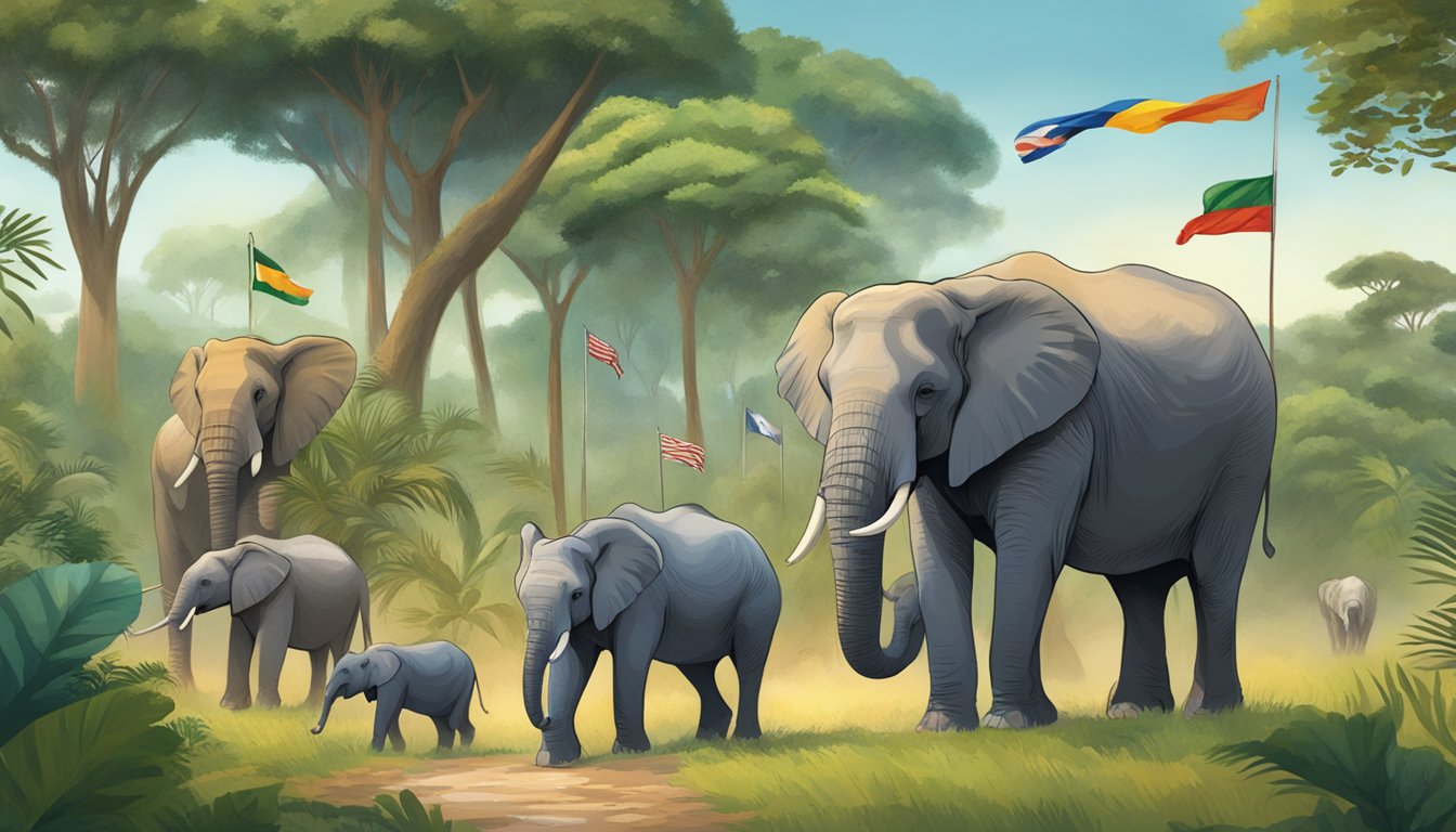 A group of diverse wildlife, including elephants, tigers, and rhinos, roam freely in a lush, protected landscape, while international flags fly in the background