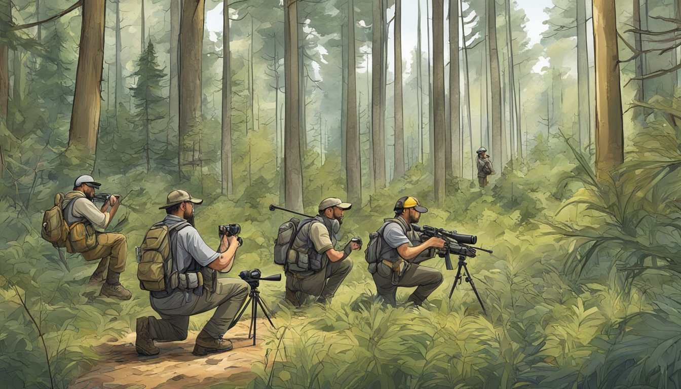 A group of hunters carefully documenting wildlife behavior and habitat in a forested area