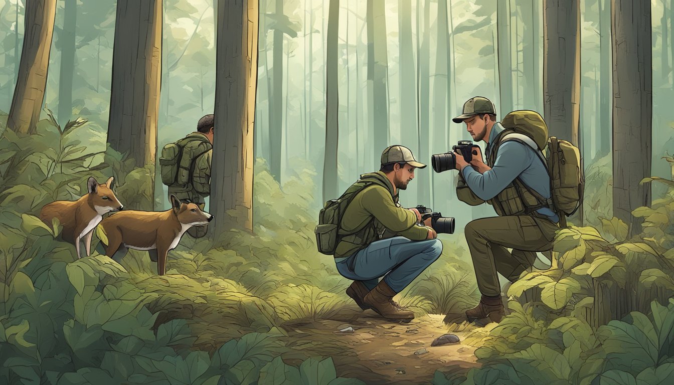 A group of hunters setting up wildlife camera traps in a dense forest, capturing images of various animals in their natural habitat