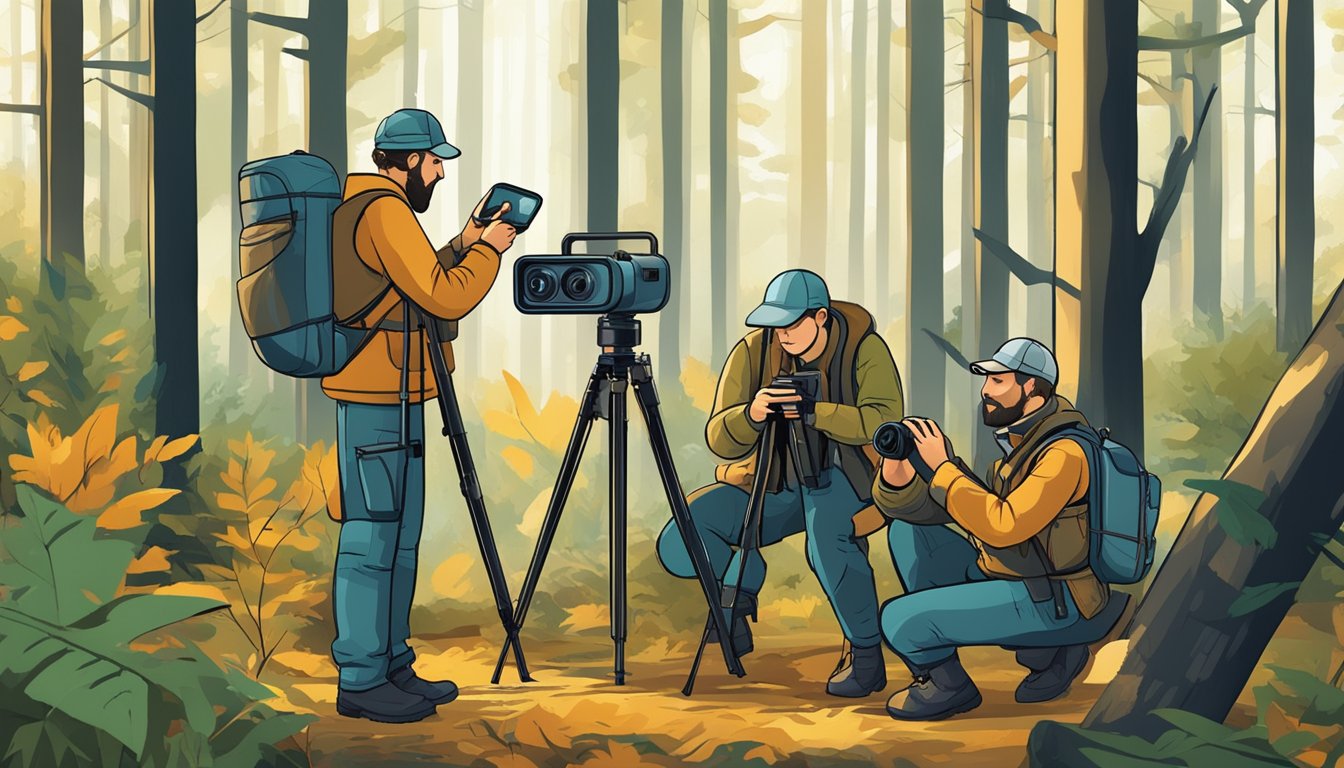 A group of hunters setting up motion-activated cameras in the forest, collecting data on wildlife behavior for research