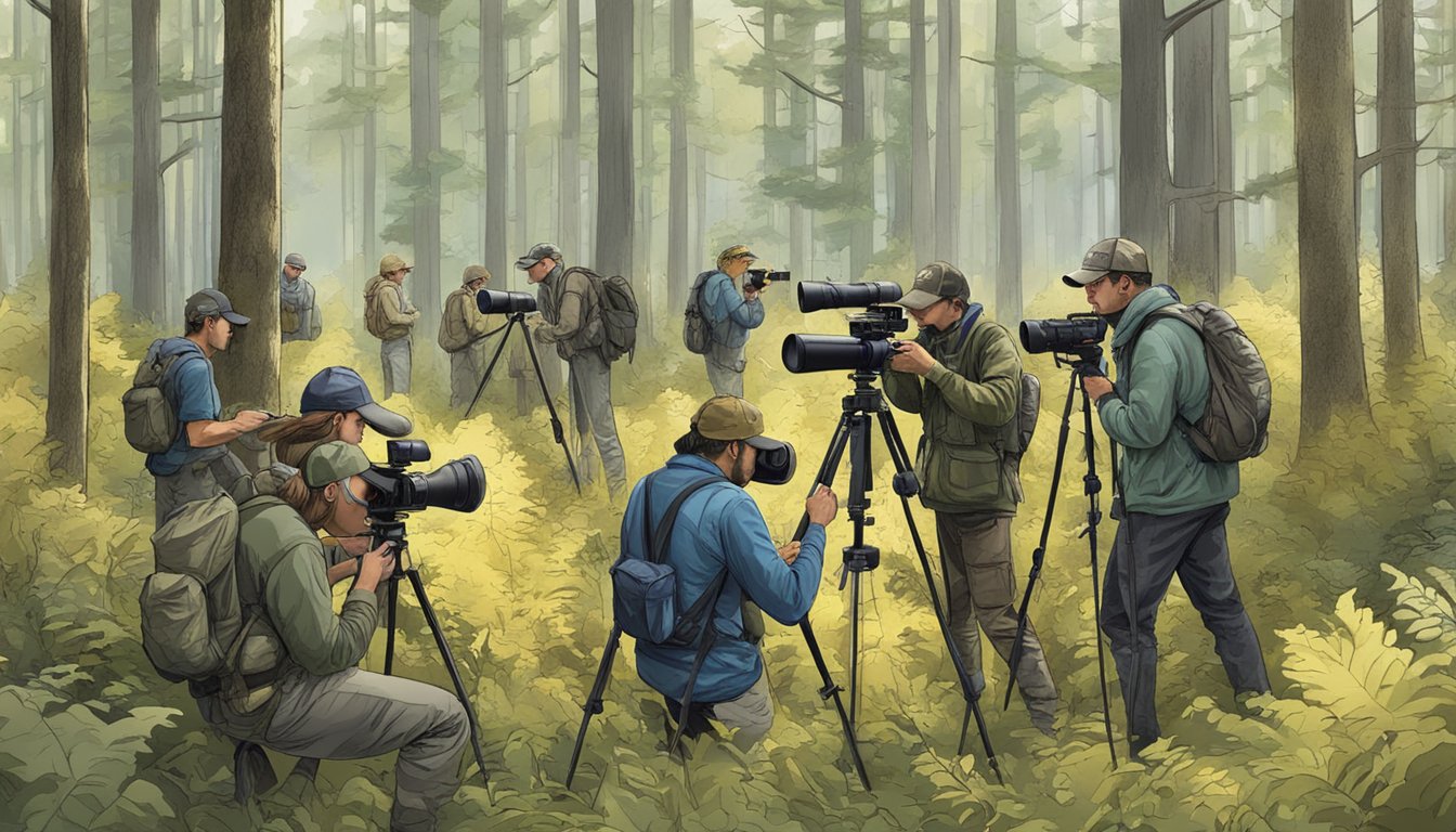 A group of hunters gather data on wildlife populations using cameras, GPS, and field observations in a forested area