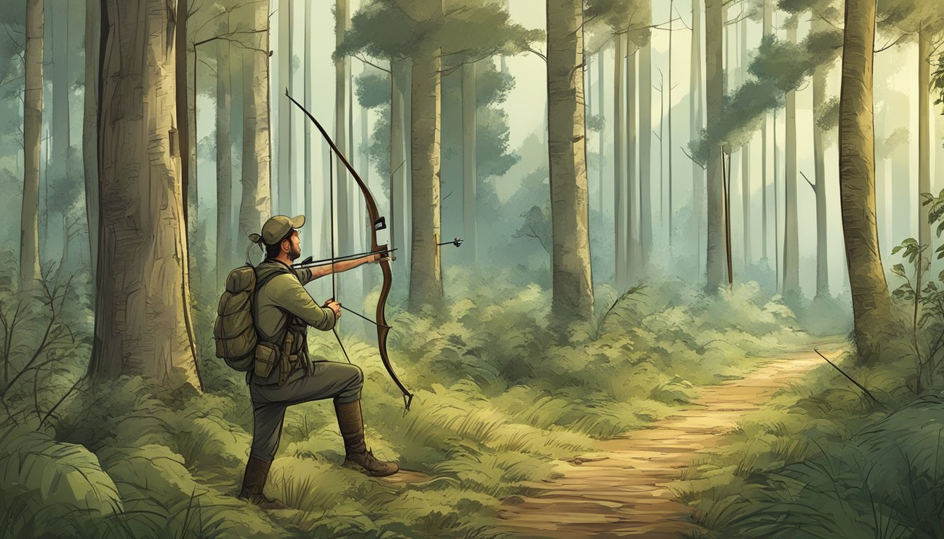 A forest clearing with a traditional bow and arrow alongside modern hunting technology, such as a trail camera and GPS device, symbolizing the evolution of fair chase