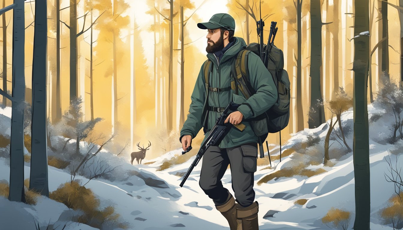 A hunter walking through a forest with traditional hunting gear, while modern technology like drones and GPS devices are seen in the background