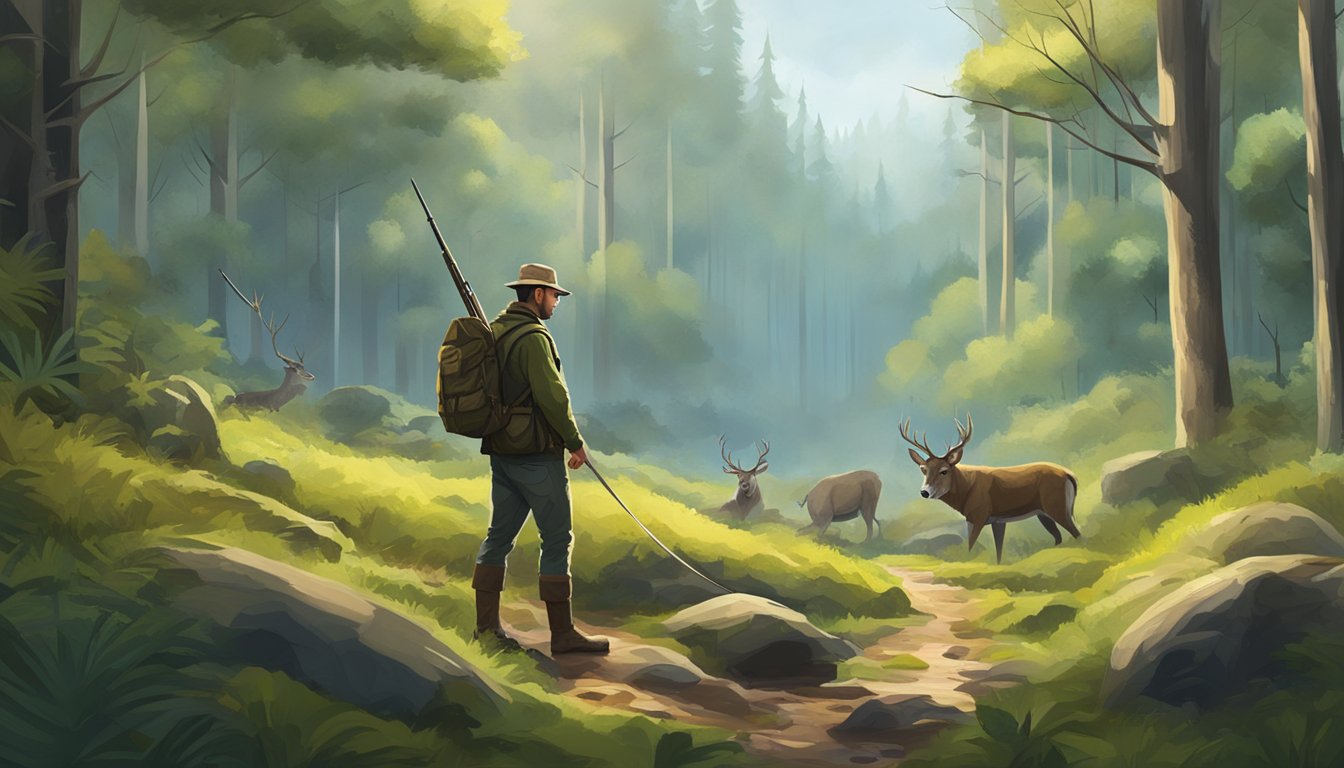 A forest clearing with wildlife, a hunter using traditional methods, and modern technology, surrounded by the natural landscape