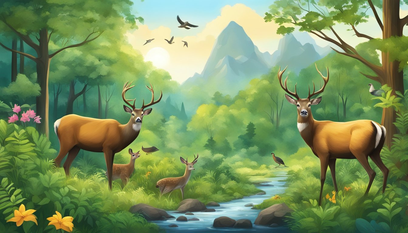 A lush forest with diverse wildlife, including deer and birds, thriving in a balanced ecosystem with a healthy mix of plant life