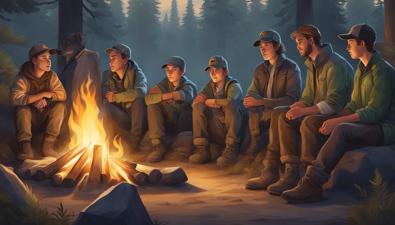 A group of young hunters gather around a campfire, learning from experienced mentors. They listen intently, eager to absorb the knowledge passed down to them