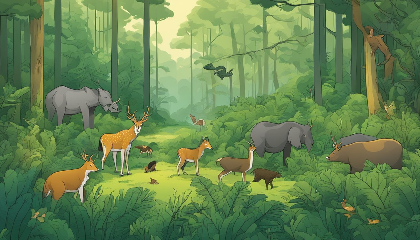 A lush forest with various animal species interacting around a baiting station, while a disease-carrying vector lurks nearby