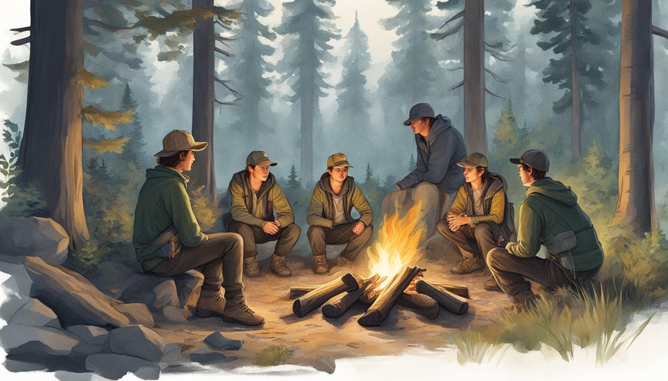 A group of young hunters gather around a campfire, learning from experienced mentors. The forest surrounds them, with wildlife peeking out from the trees