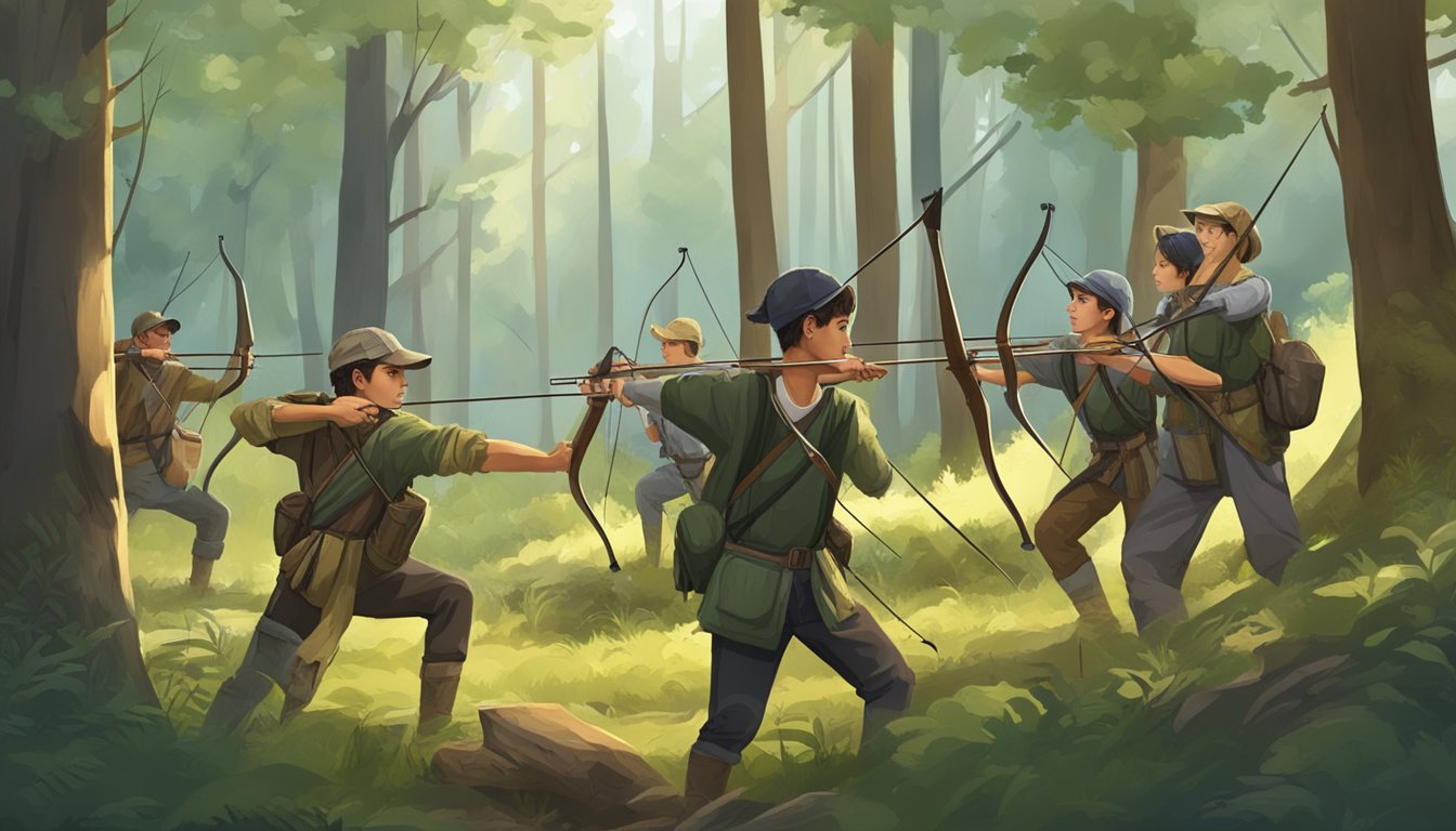 A group of young hunters practicing archery and wilderness survival skills in a forest clearing, guided by experienced mentors