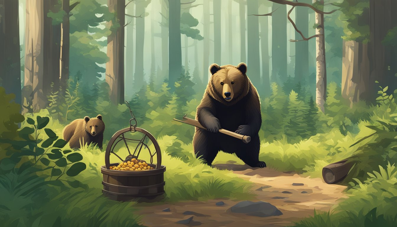 A tranquil forest scene with a bear trap baited with food, surrounded by wildlife and lush vegetation