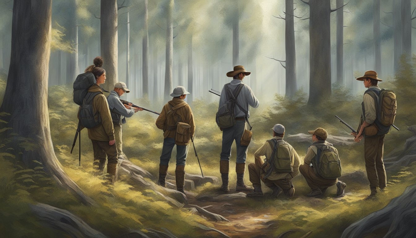 A group of young hunters learning and practicing ethical hunting techniques in a forest clearing, surrounded by older mentors offering guidance and support