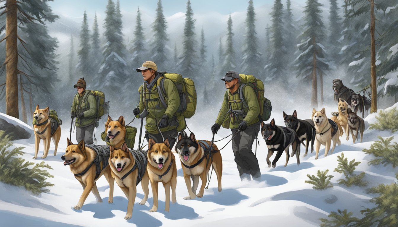 A pack of conservation canines, equipped with harnesses and tracking gear, scours the wilderness for wildlife data