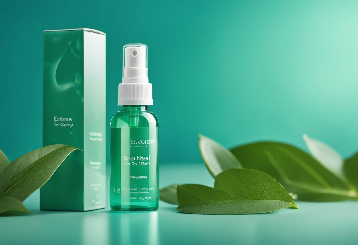 A serene, minimalist package of Ethics Saline Nasal Spray against a backdrop of soothing blue and green hues, evoking a sense of calm and relief