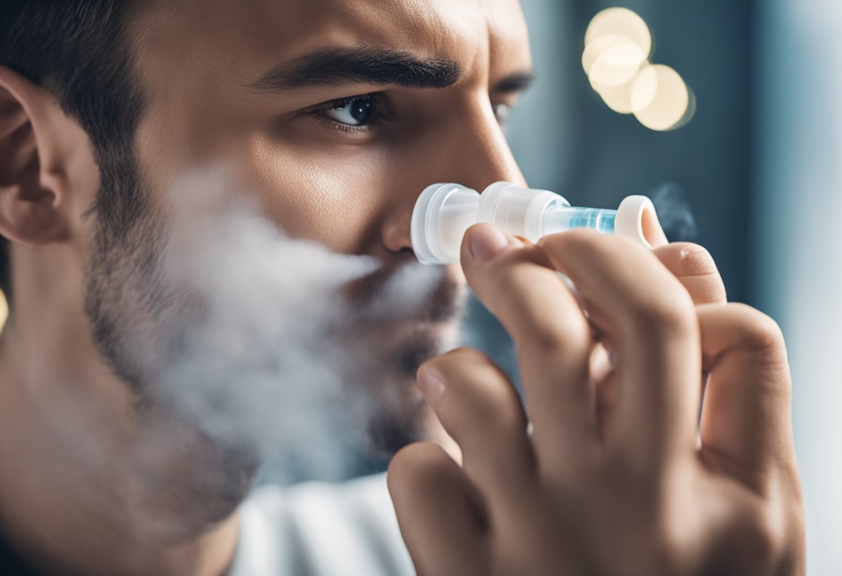 A person using saline nasal spray, with mist entering the nostril and clearing the nasal passages