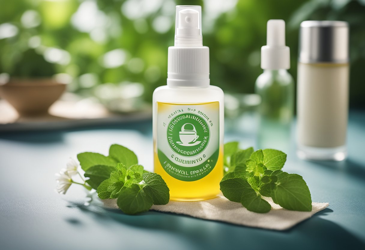 A bottle of saline nasal spray surrounded by natural and organic ingredients, with an ethical certification logo displayed prominently