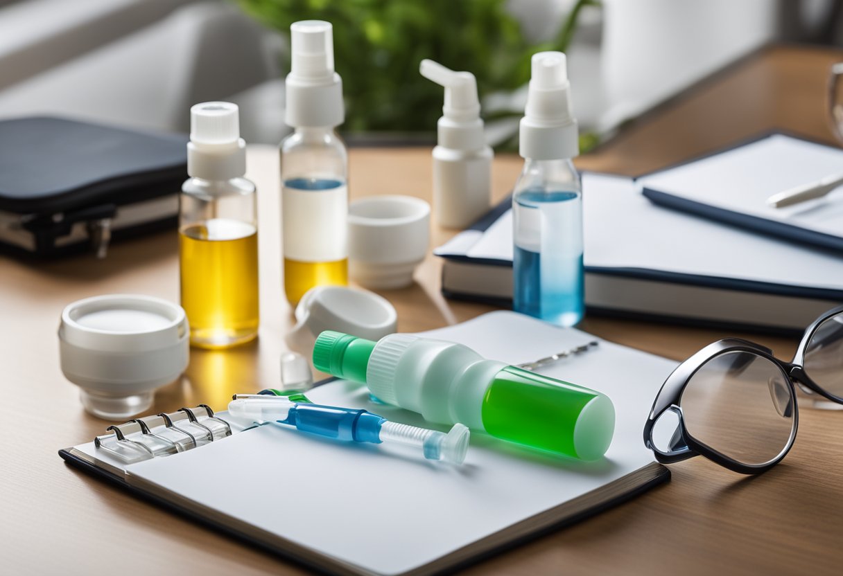 A table with various nasal spray bottles lined up for comparison, with a magnifying glass and notepad nearby for analysis