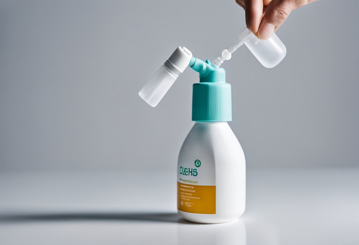 A hand holding a nasal spray bottle, with a droplet mid-air, against a clean, white background