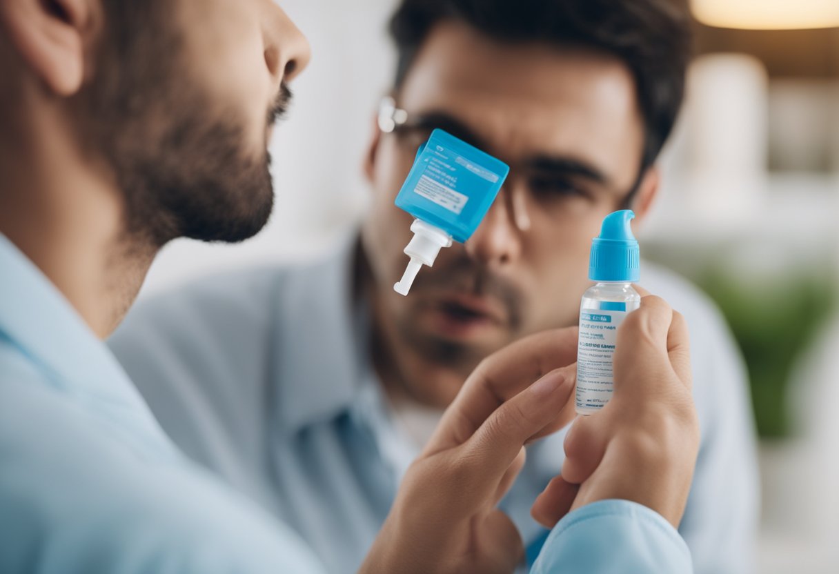 A person using saline nasal spray with caution, reading the product label for side effects and precautions