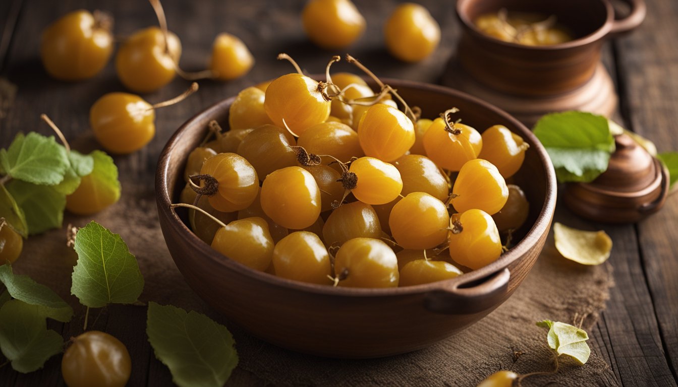 Golden ground cherries in various stages of preparation, from husked to washed, on rustic wooden surface with copper pot and cooking ingredients, bathed in morning light