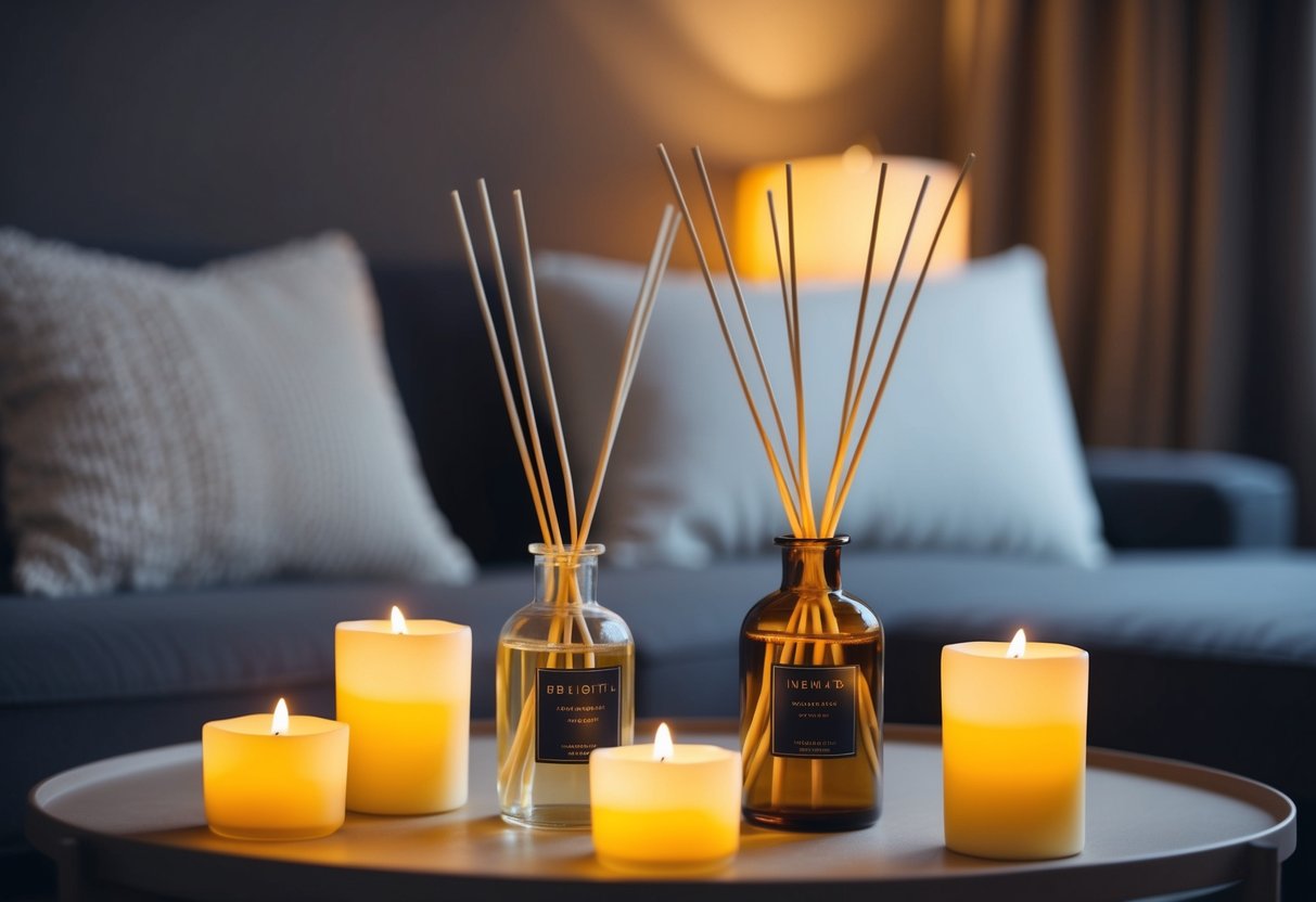 A cozy, dimly lit room with soft, ambient lighting. Aromatherapy candles and luxury reed diffusers are placed strategically around the space, emitting calming scents. A serene atmosphere conducive to relaxation and stress relief