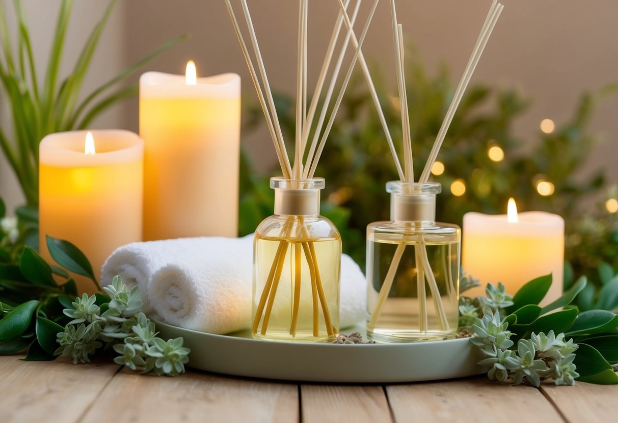 A serene spa setting with soft candlelight and delicate reed diffusers, surrounded by calming greenery and soothing aromas