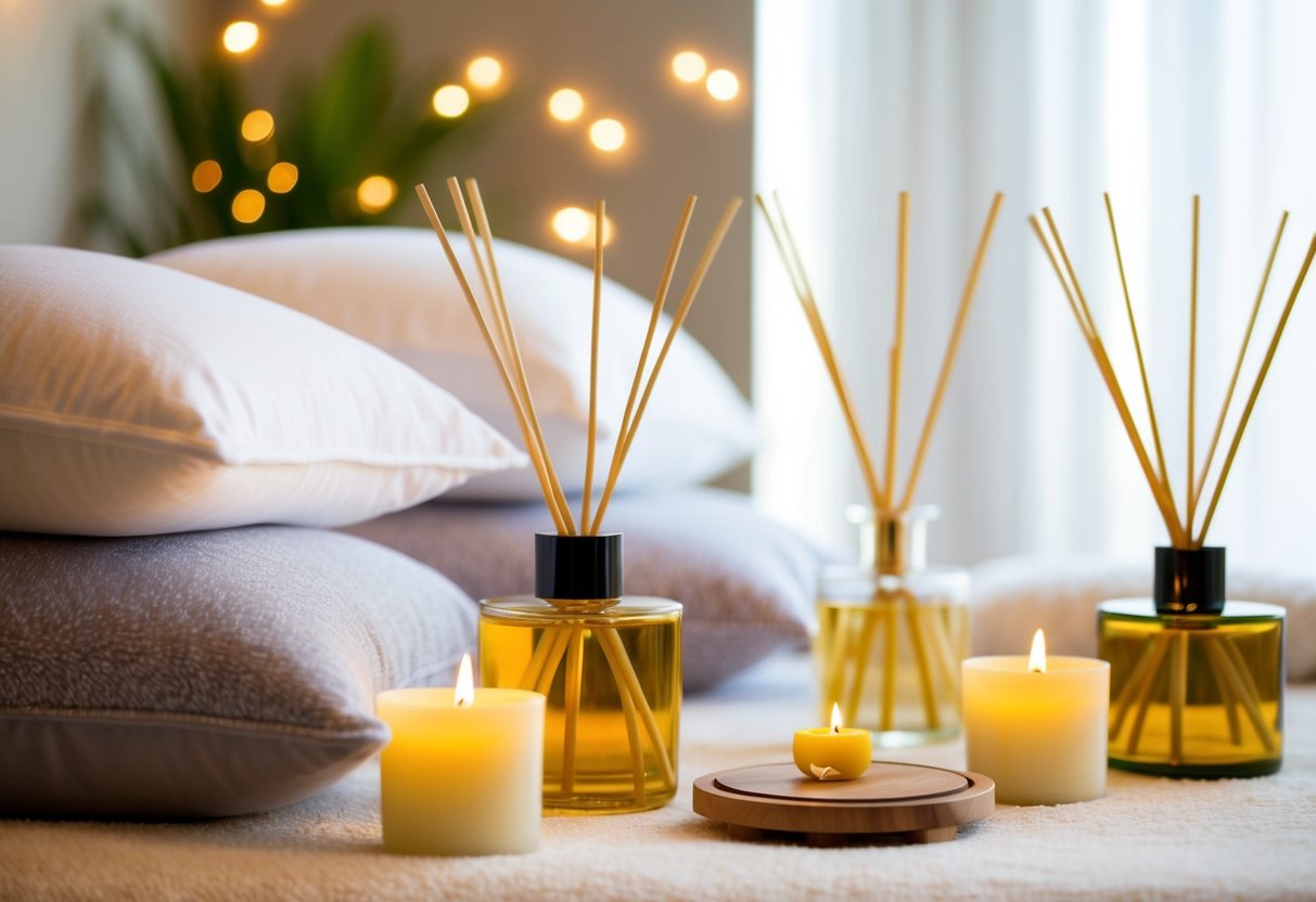 A serene spa-like setting with soft lighting, plush pillows, and a tranquil atmosphere. Aromatherapy candles and luxury reed diffusers are strategically placed for maximum stress relief and relaxation