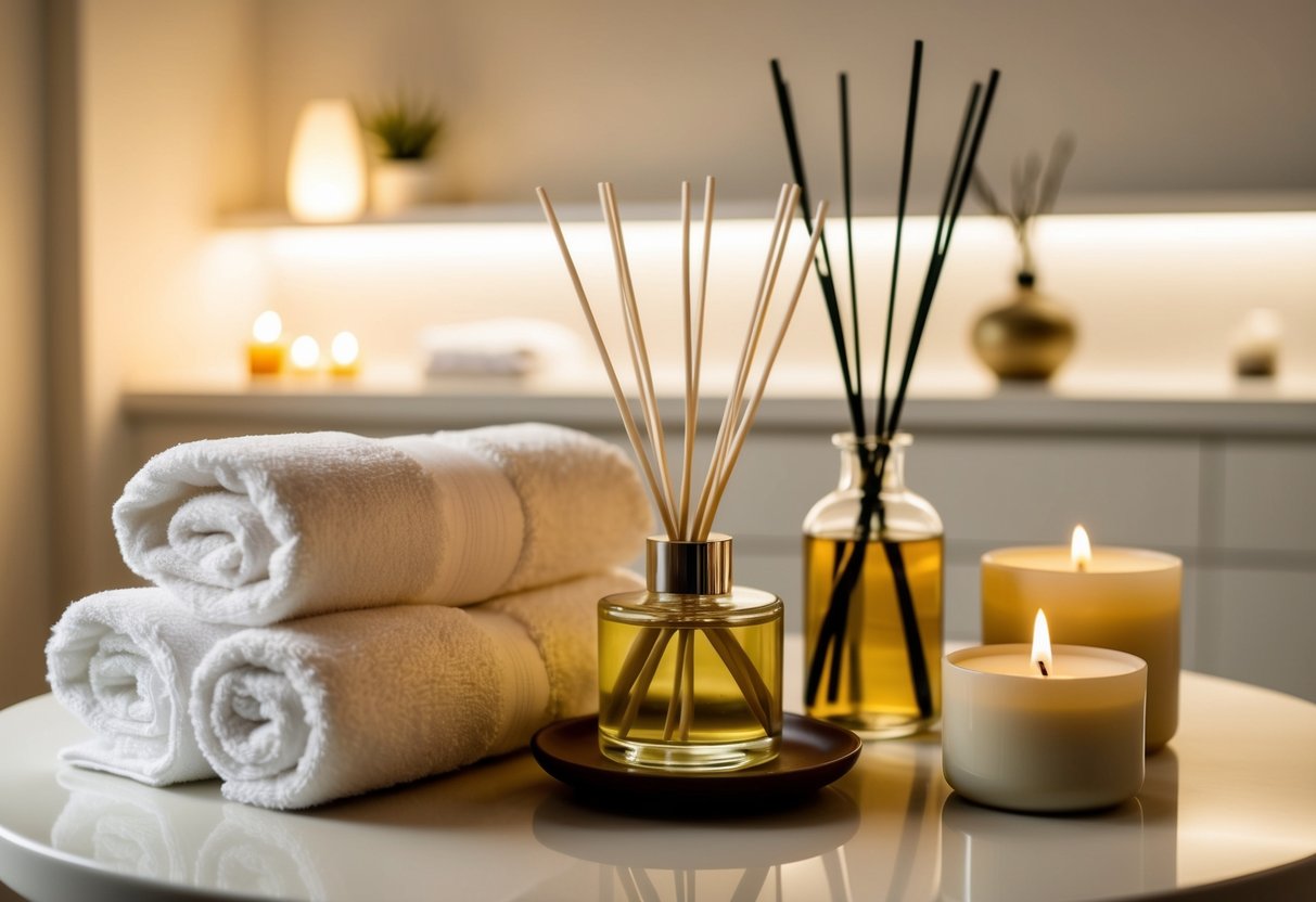 A serene spa-like setting with soft lighting, plush towels, and a tranquil atmosphere featuring luxury reed diffusers and aromatherapy candles for stress relief and relaxation