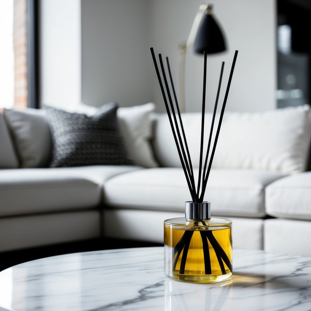 A sleek, minimalist living room with a reed diffuser on a marble coffee table, surrounded by modern decor and clean lines