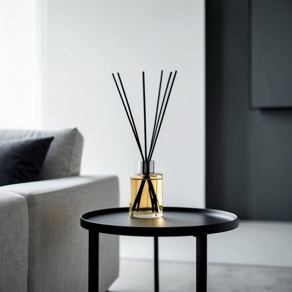 A sleek, minimalist living room with a reed diffuser placed on a contemporary side table. Clean lines and neutral colors enhance the modern home decor