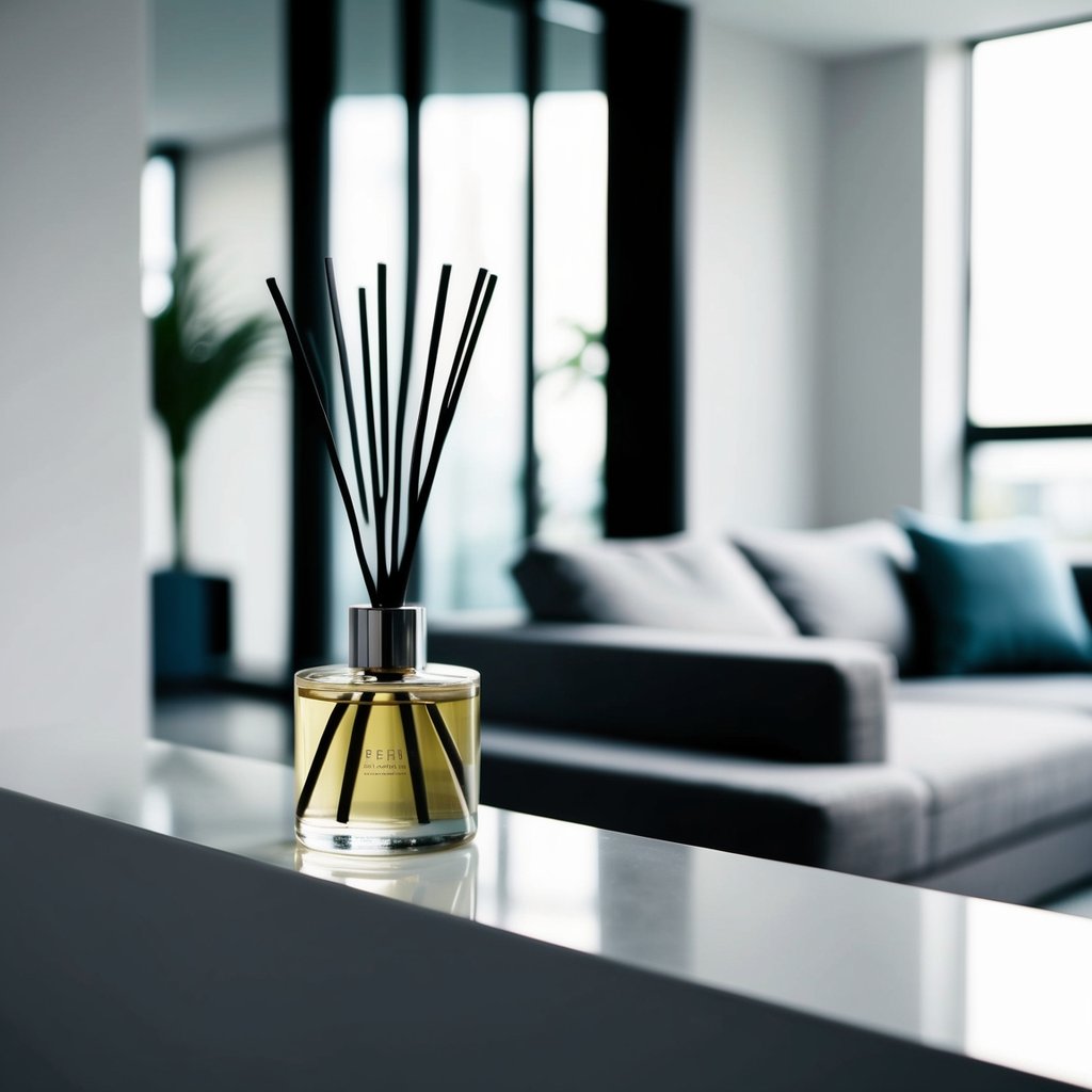 A modern living room with a sleek reed diffuser on a minimalist shelf, casting a soft and inviting fragrance throughout the space