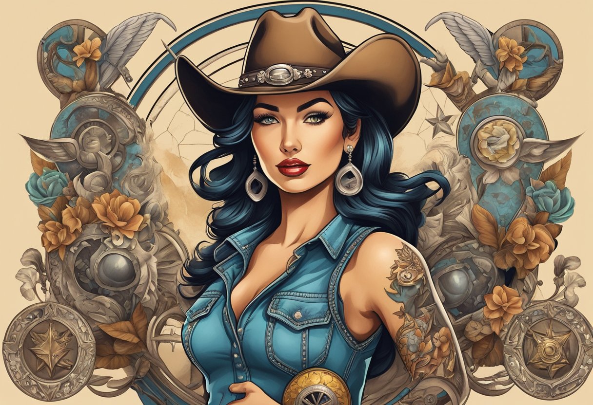 A pin-up cowgirl tattoo surrounded by western symbols and motifs